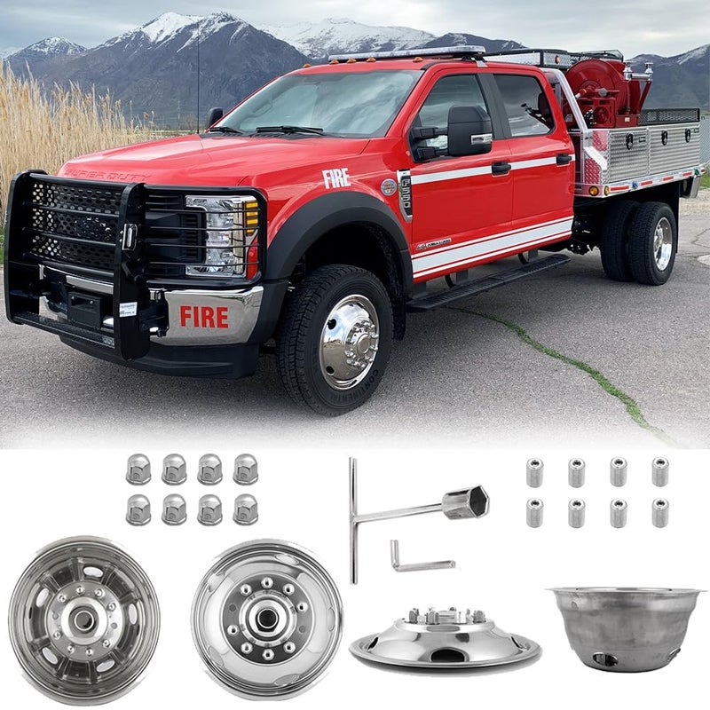 Deebior 4pcs 195 Polished Stainless Steel Dually Wheel SimulatorsNice Lookingand Durable Bolt On Wheel Cover 10 Lug 5 Hand Hole Hubcaps Fit for 20052025 Ford F450F550 with Installation Tool